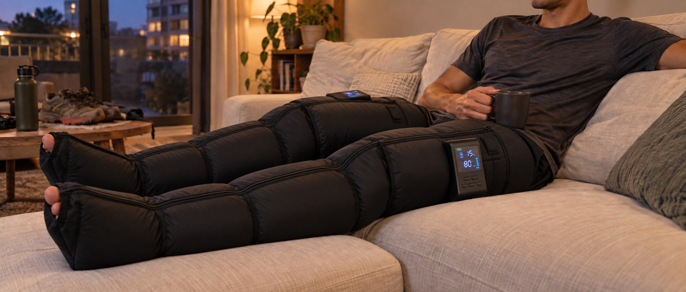 Séance de compression avec les bottes portées jusqu’en haut des cuisses, boîtiers fixés à l’extérieur.