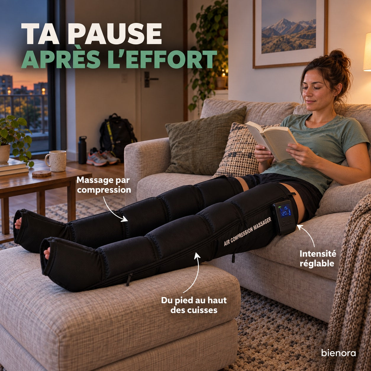 Ta pause après l’effort : massage par compression, du pied au haut des cuisses, intensité réglable