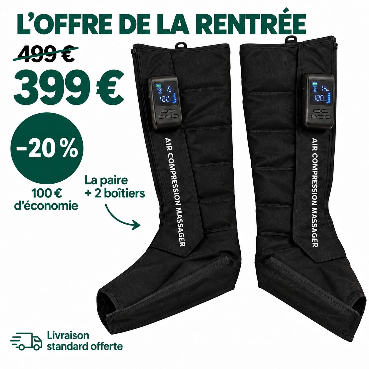 L’offre de la rentrée : 499 € barré, 399 €, −20 %, 100 € d’économie, la paire avec deux boîtiers et livraison standard offerte