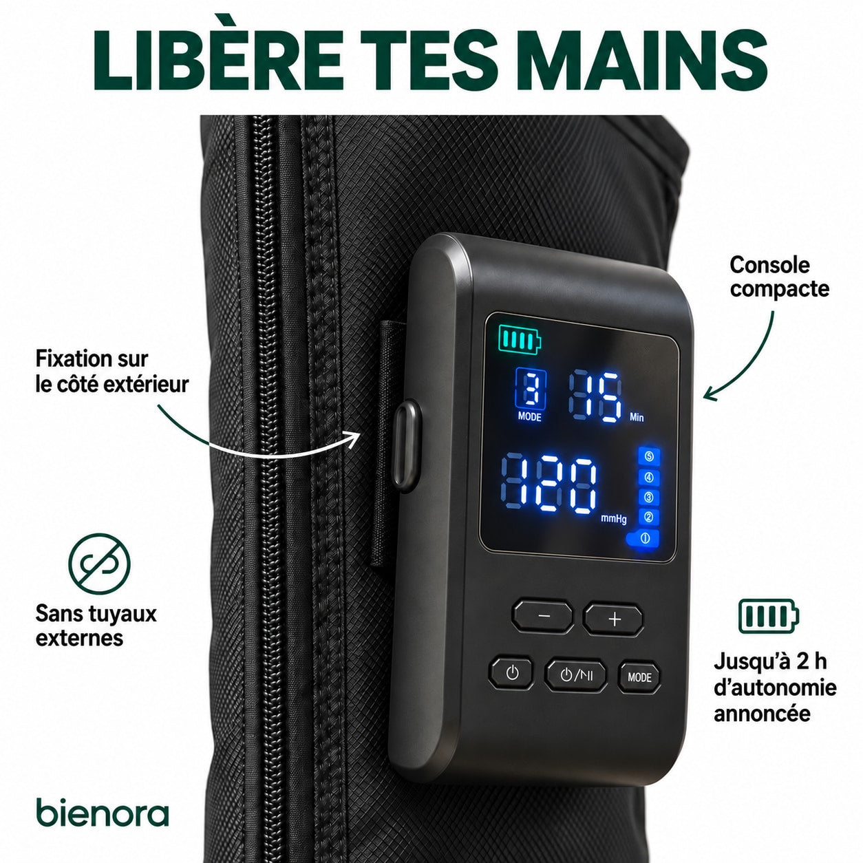 Libère tes mains : fixation extérieure, console compacte, sans tuyaux externes, jusqu’à deux heures d’autonomie annoncée