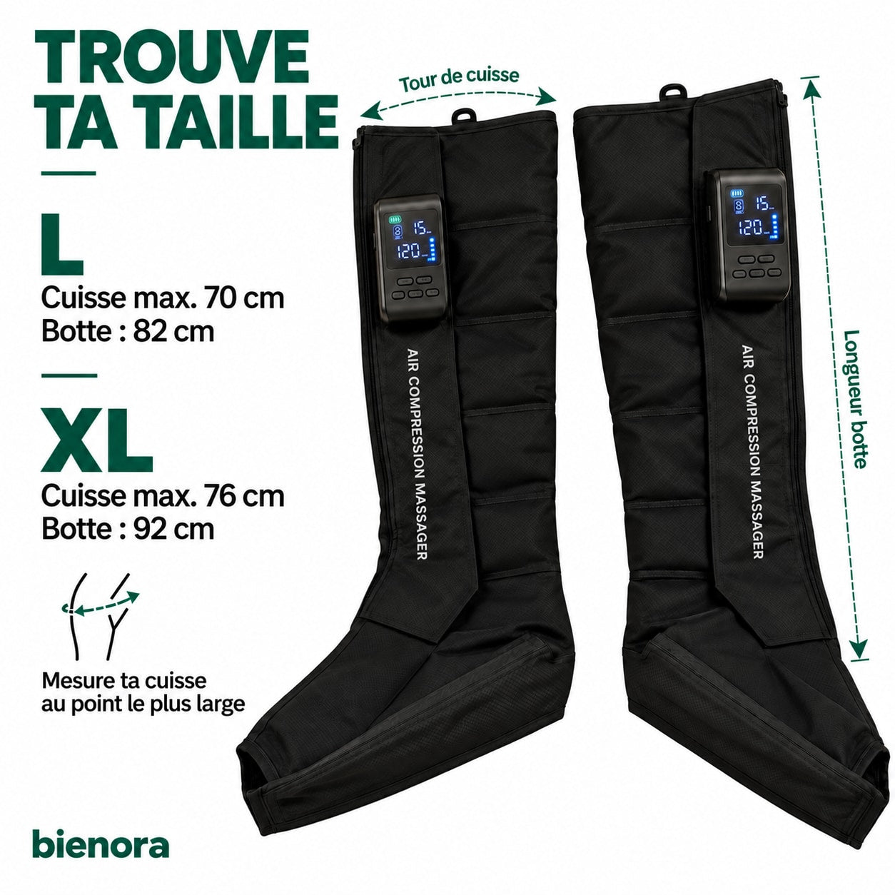 Taille L : cuisse maximum 70 cm, botte 82 cm ; XL : cuisse maximum 76 cm, botte 92 cm. Mesure ta cuisse au point le plus large