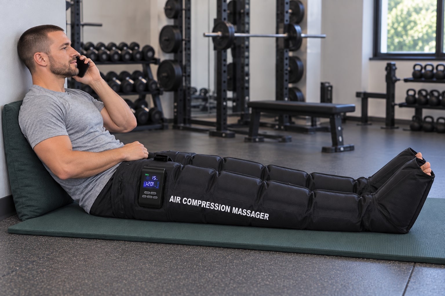 Mise en scène : un sportif téléphone assis sur un tapis au sol dans une salle de sport, les jambes dans les bottes gonflées.