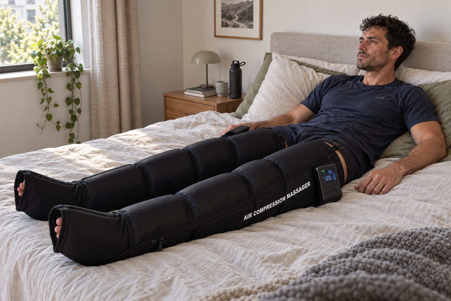 Mise en scène : un sportif éveillé se repose sur un lit, les jambes dans les bottes gonflées.