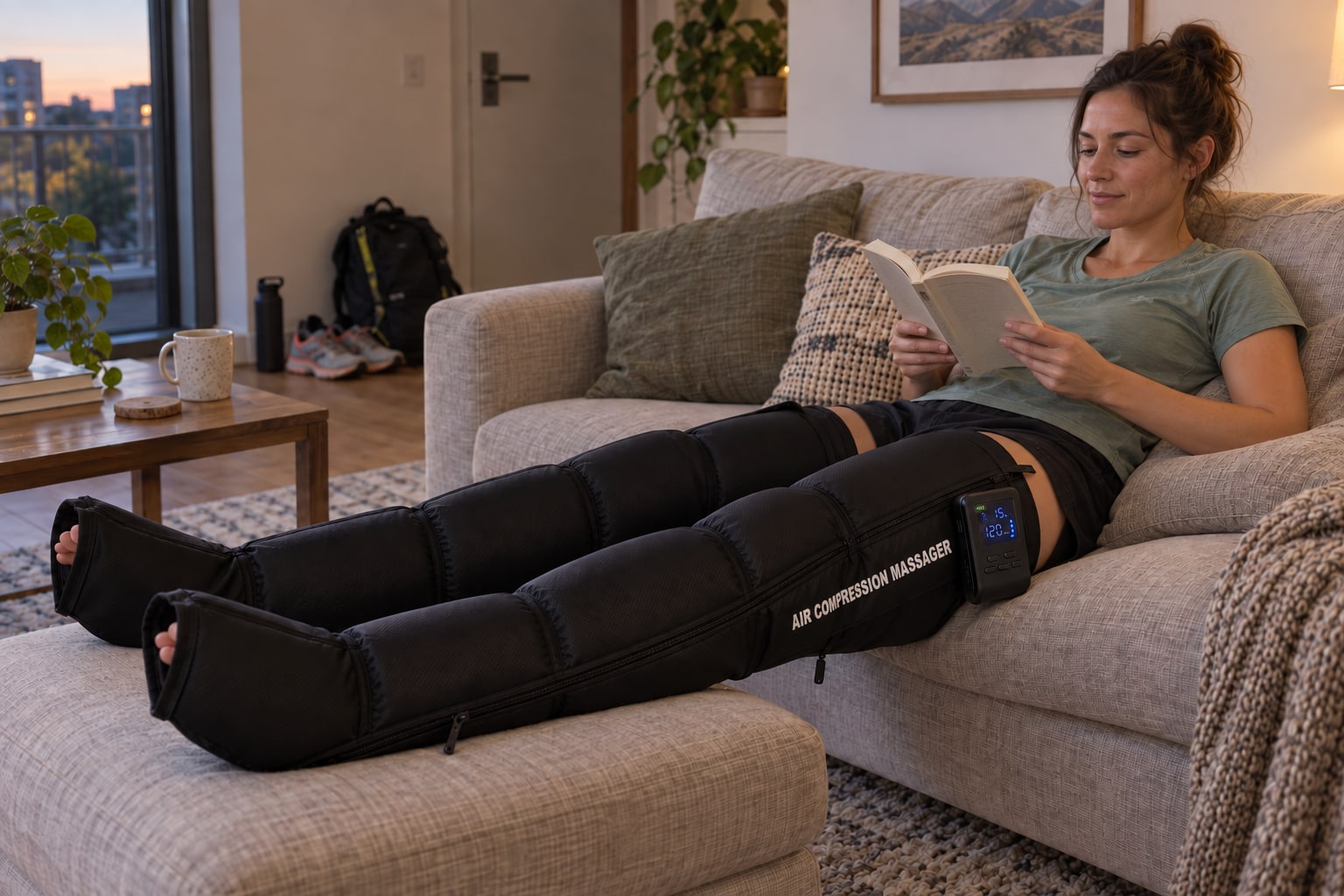 Mise en scène : une sportive lit un livre sur son canapé avec les bottes gonflées jusqu’en haut des cuisses.