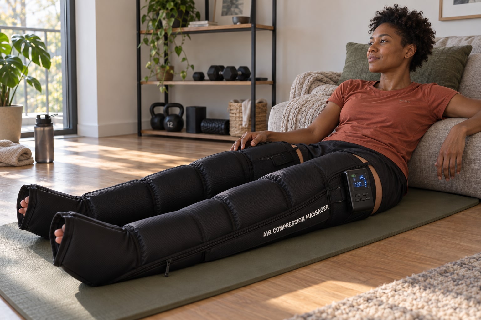 Mise en scène : une sportive assise sur un tapis, le dos soutenu par le canapé, porte les bottes gonflées.