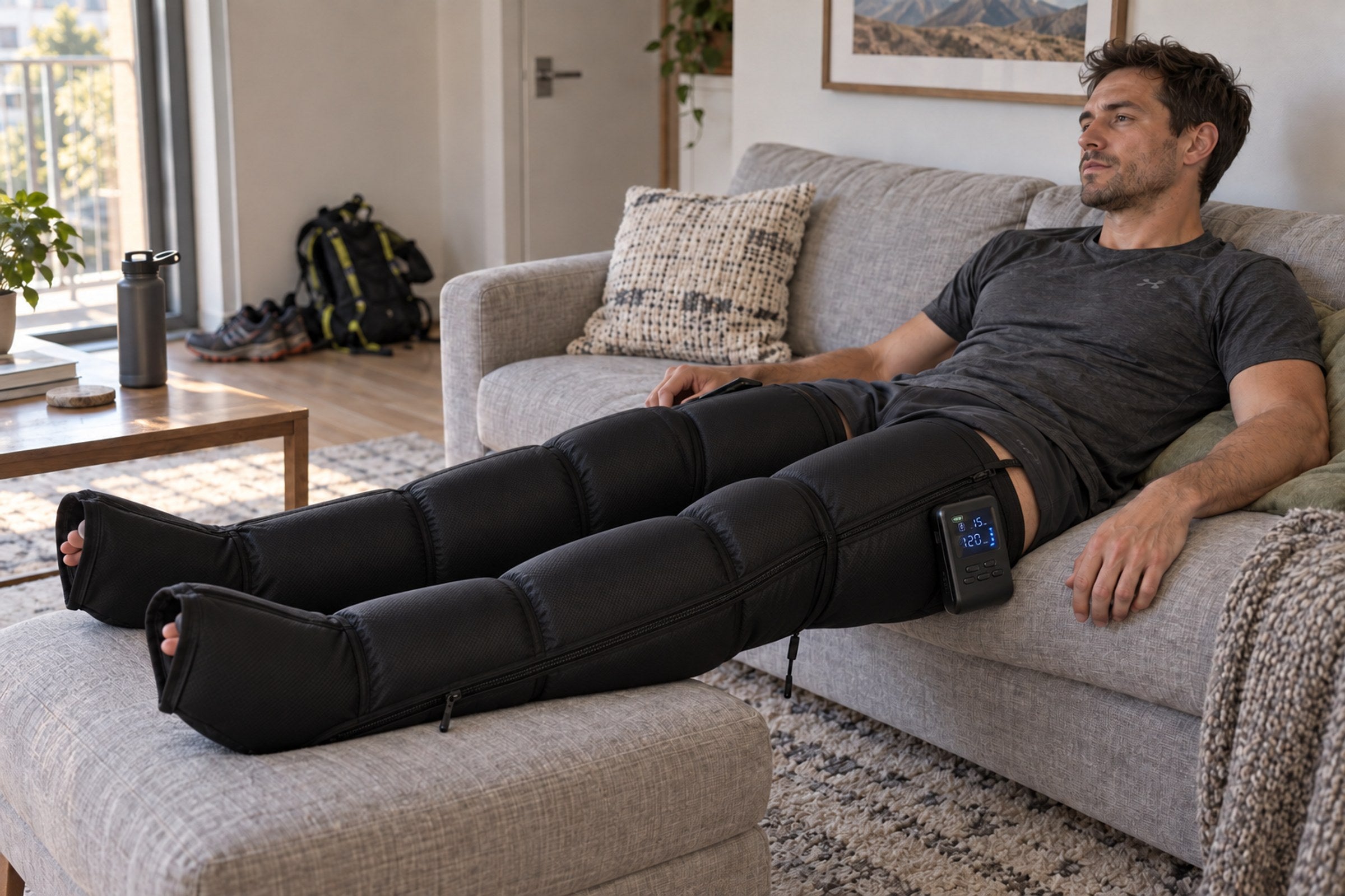Un sportif récupère sur son canapé avec les bottes Bienora.